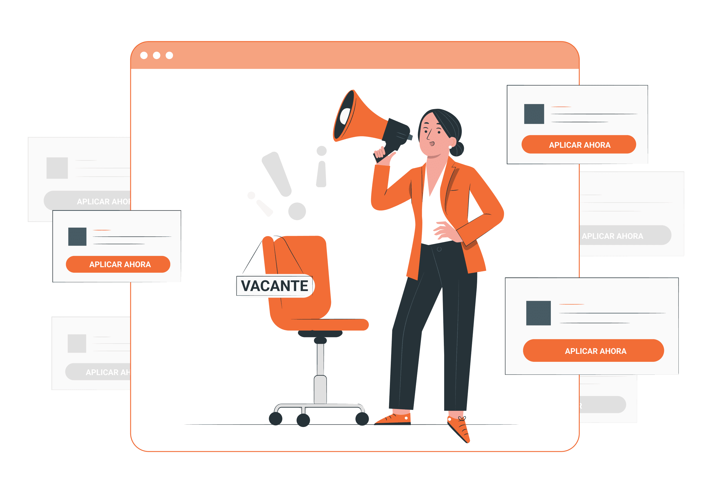 Girl holding a megaphone with a web with open jobs behind