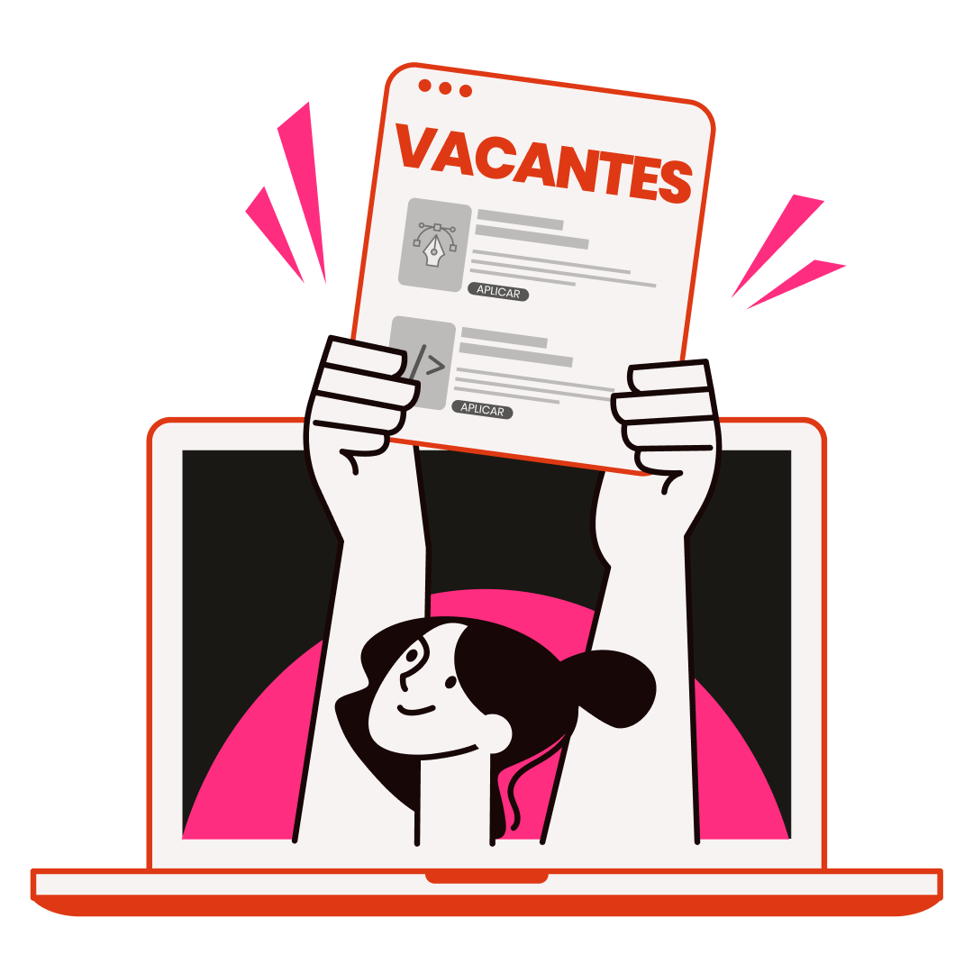 Person emerging from a laptop holding up a list of open jobs